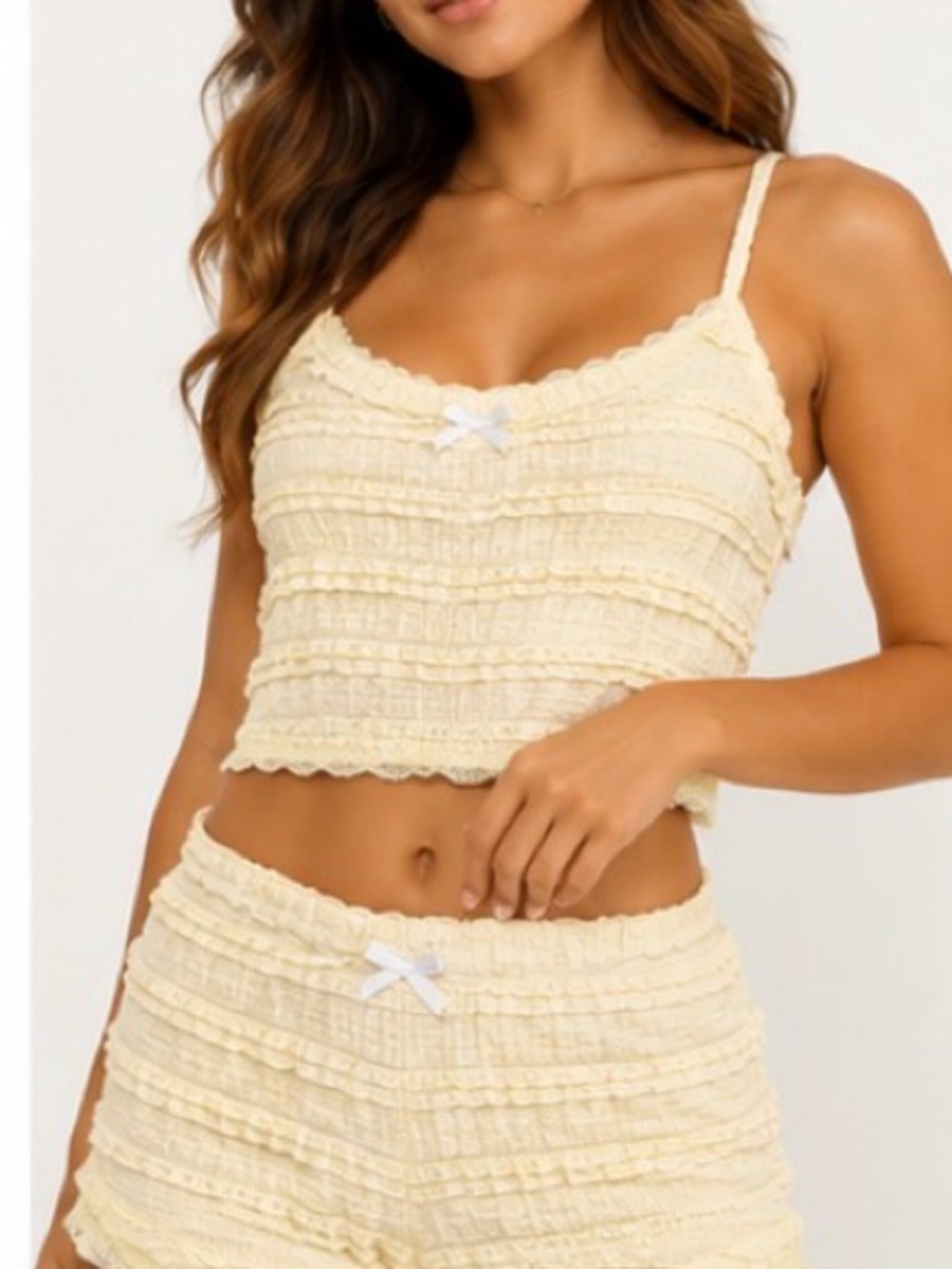 2 pc Edikted Cream Ruffle Cropped Lace Camisole and shorts, with Bow Detail